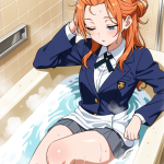 【エロ画像】オレンジ髪ハーフアップスレンダ×お風呂・入浴_AI_アニメエロ画像