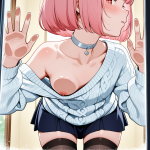 【エロ画像】桜色ボブ貧乳小柄×ガラスおっぱい押し付け_AI_アニメエロ画像