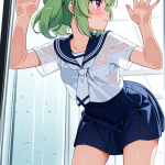 【エロ画像】緑髪ロールツインテール貧乳小柄×ガラスおっぱい押し付け_AI_アニメエロ画像