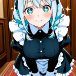 【エロ画像】水色ツインおさげ巨乳×メイド服_AI_アニメエロ画像