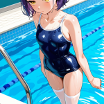 【エロ画像】紫髪外ハネボブ細身×スクール水着_AI_アニメエロ画像