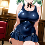 【エロ画像】緑髪ツインテール巨乳むっちり×ニーソ・絶対領域_AI_アニメエロ画像