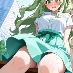 【エロ画像】緑髪ウェーブロング巨乳むっちり×野外露出_AI_アニメエロ画像