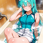 【エロ画像】水色ロングストレート細身長身×お風呂・入浴_AI_アニメエロ画像