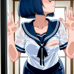 【エロ画像】青髪外ハネボブ細身×ガラスおっぱい押し付け_AI_アニメエロ画像