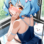 【エロ画像】青髪アップロリ体型×ガラスお尻押し付け_AI_アニメエロ画像