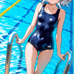 【エロ画像】銀髪ウェーブロング細身×スクール水着_AI_アニメエロ画像