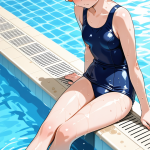 【エロ画像】オレンジ髪ツインおさげ貧乳長身×スクール水着_AI_アニメエロ画像