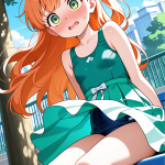 【エロ画像】オレンジ髪ハーフアップロリ体型×野外露出_AI_アニメエロ画像