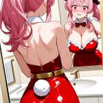 【エロ画像】ピンク髪ポニーテールグラマラス×鏡越し_AI_アニメエロ画像