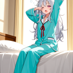 【エロ画像】銀髪ロングスレンダー和装×寝起き・パジャマ_AI_アニメエロ画像