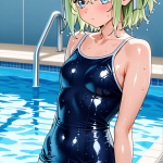 【エロ画像】ライム色ハーフアップグラマラス×スクール水着_AI_アニメエロ画像