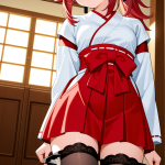 【エロ画像】深紅ポニーテール貧乳巫女×ニーソ・絶対領域_AI_アニメエロ画像