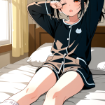 【エロ画像】オレンジツインテール貧乳小柄×寝起き・パジャマ_AI_アニメエロ画像