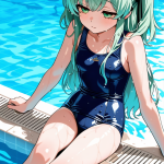 【エロ画像】青髪セミロングむっちり×スクール水着_AI_アニメエロ画像