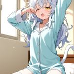 【エロ画像】白髪サイドテール長身貧乳×寝起き・パジャマ_AI_アニメエロ画像