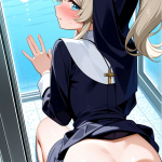 【エロ画像】プラチナポニーテール細身長身×ガラスお尻押し付け_AI_アニメエロ画像