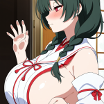 【エロ画像】深緑ツインおさげむっちり×ガラスおっぱい押し付け_AI_アニメエロ画像