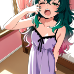 【エロ画像】ピンクグラデセミロング高身長×寝起き・パジャマ_AI_アニメエロ画像