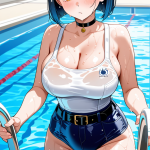 【エロ画像】黒青グラデーションボブ巨乳×スクール水着_AI_アニメエロ画像