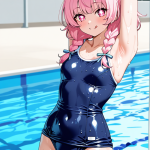【エロ画像】青髪ツインおさげ巨乳×スクール水着_AI_アニメエロ画像